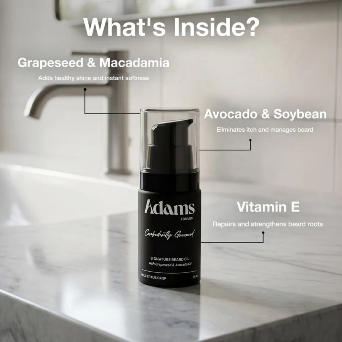 Refect Beauty Adams Signature Beard Oil bottle on a marble bathroom counter with ingredient benefits listed