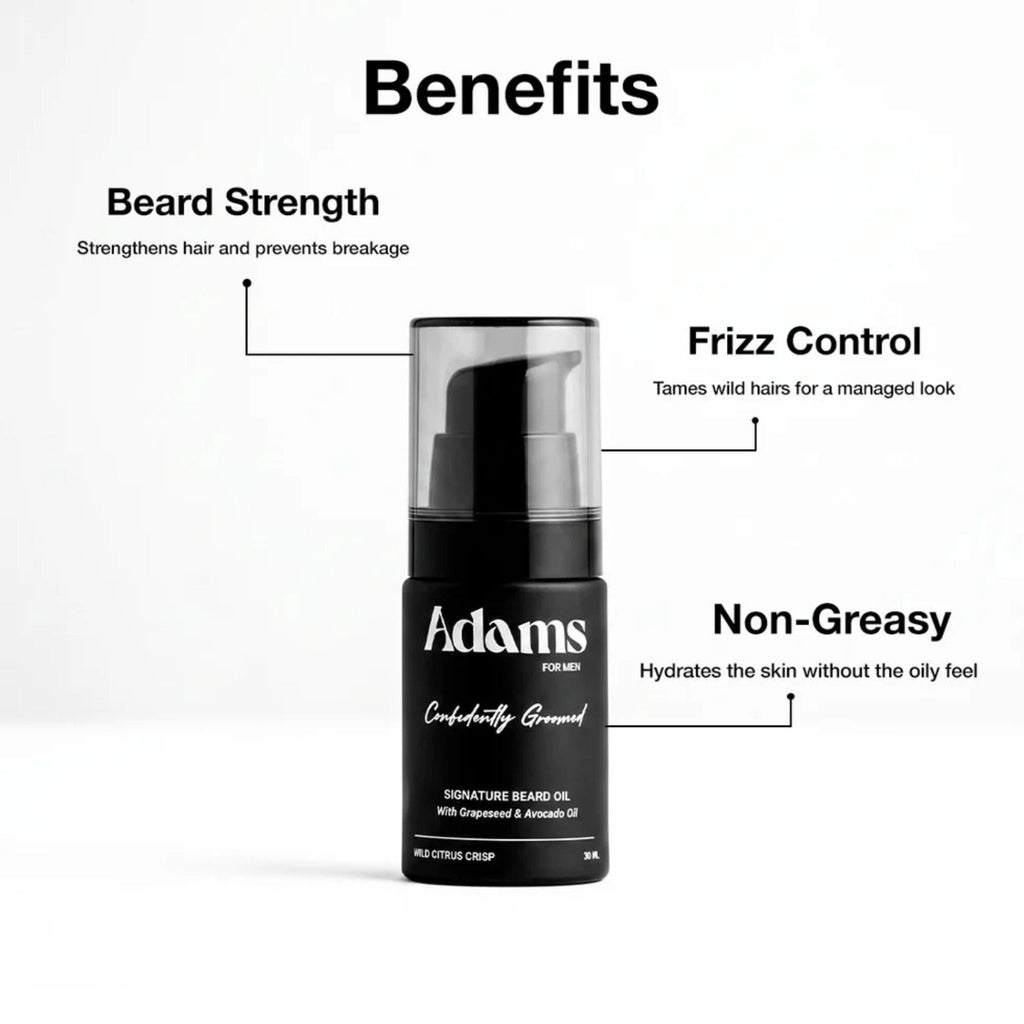 Refect Beauty Adams Signature Beard Oil bottle with text callouts highlighting frizz control and non-greasy benefits.