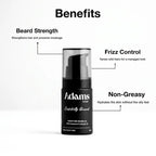 Refect Beauty Adams Signature Beard Oil bottle with text callouts highlighting frizz control and non-greasy benefits.