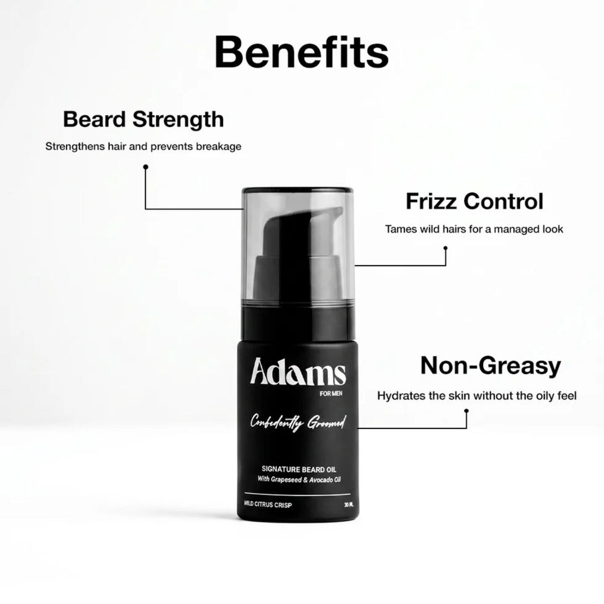 Refect Beauty Adams Signature Beard Oil bottle with text callouts highlighting frizz control and non-greasy benefits.