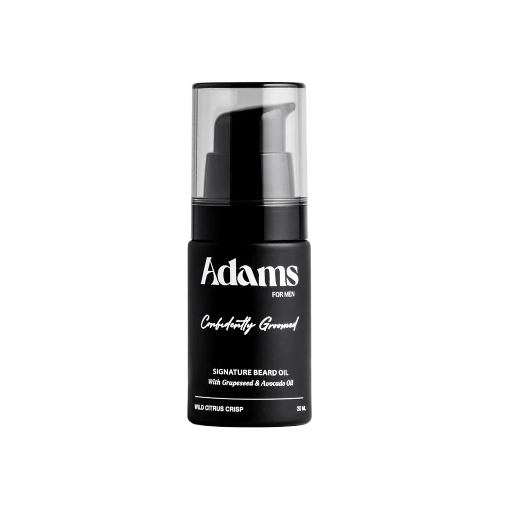 Refect Beauty Adams Signature Beard Oil in a black pump bottle for nourishing and conditioning facial hair.