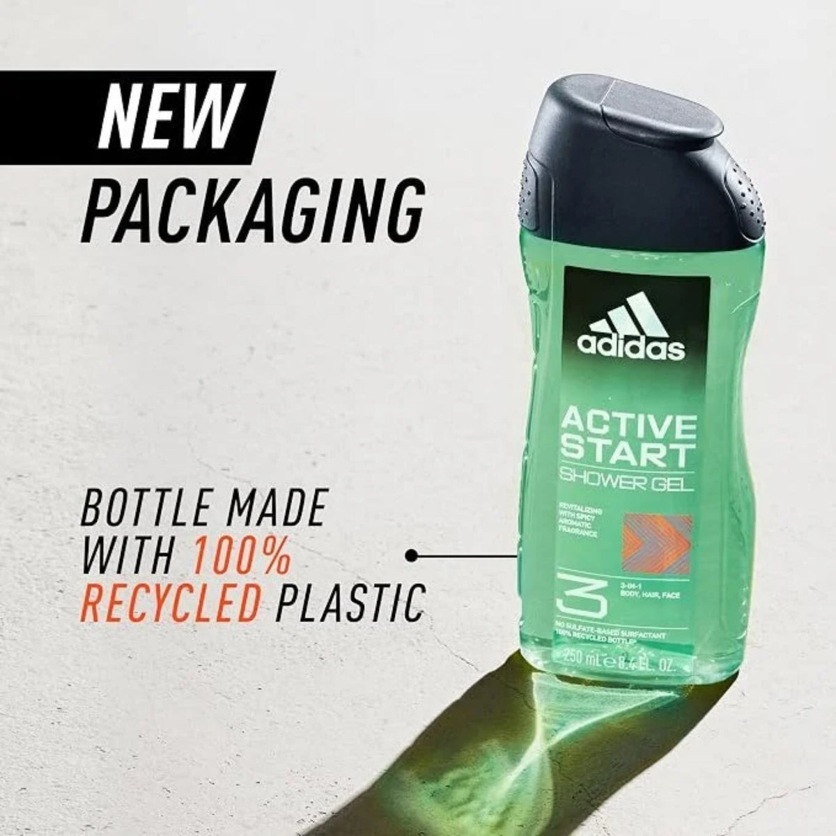 Refect Beauty Adidas Active Start 3-in-1 shower gel in a green recycled plastic bottle with a black flip-top cap.