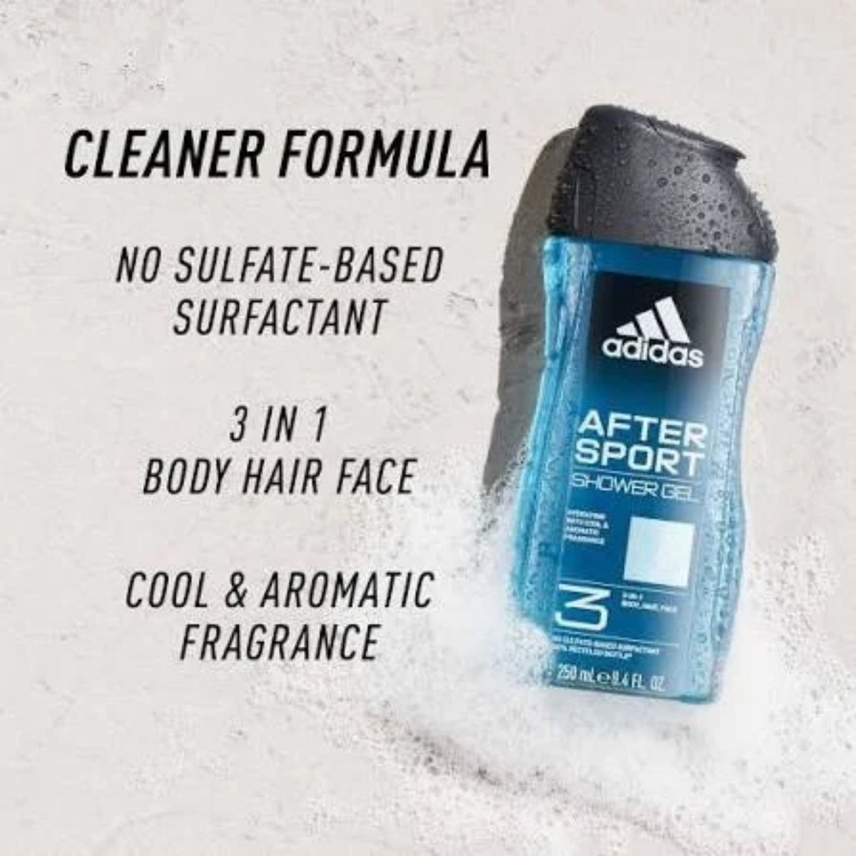 Refect Beauty Adidas After Sport 3-in-1 shower gel bottle with blue liquid and black cap on a textured background