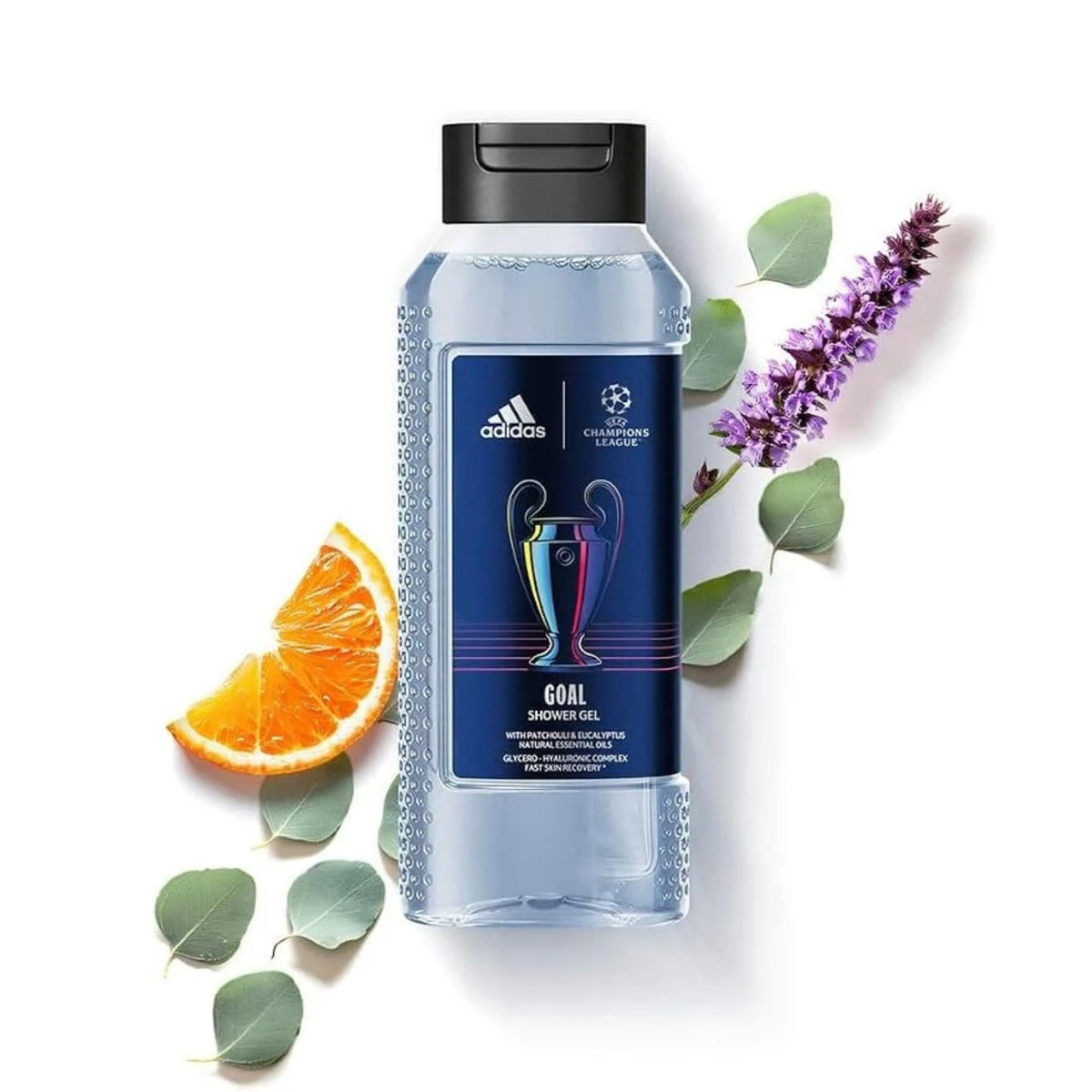 Refect Beauty Adidas UEFA Champions League 3-in-1 shower gel bottle with orange slice and eucalyptus leaves