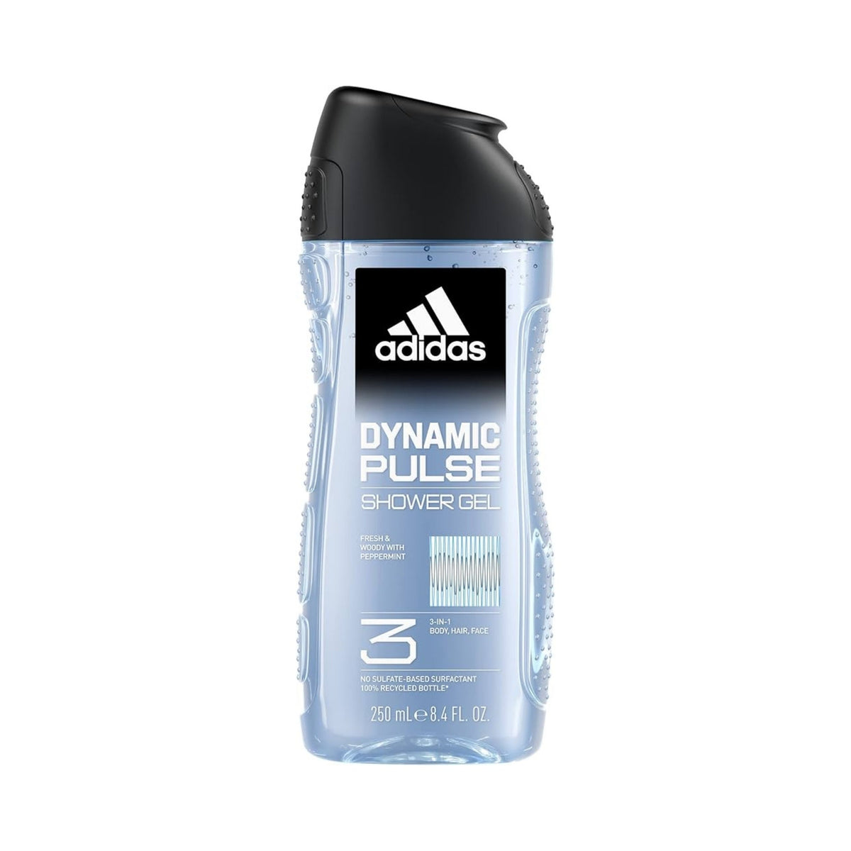 Refect Beauty Adidas Dynamic Pulse 3-in-1 shower gel in a clear 250ml bottle with a black flip-top cap.