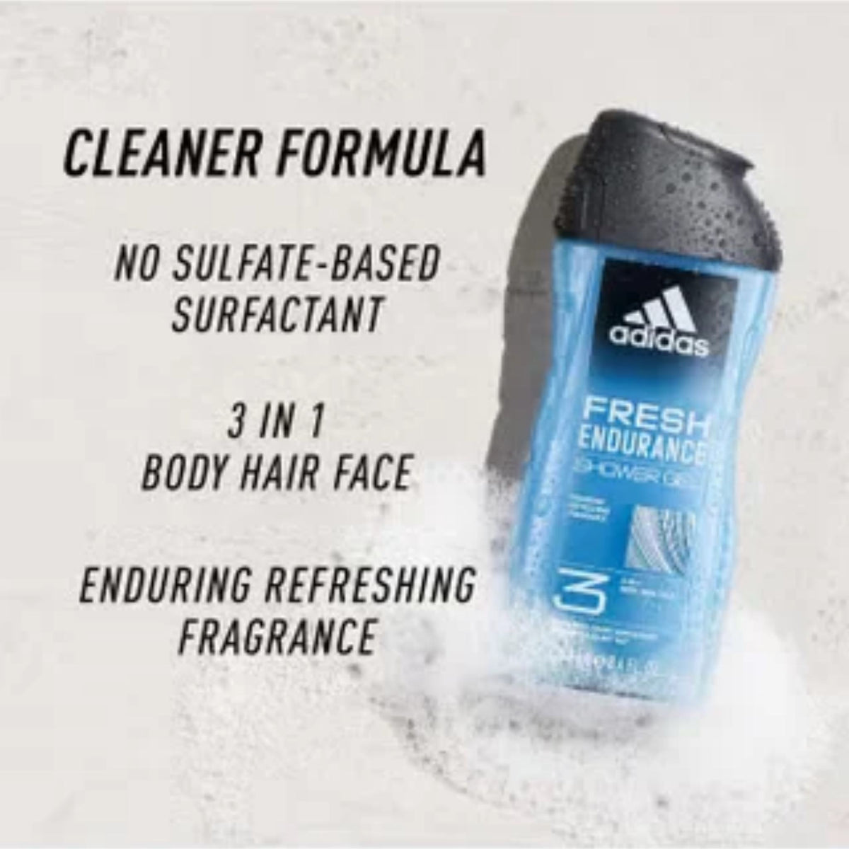 Refect Beauty Adidas Fresh Endurance 3-in-1 shower gel bottle with blue liquid, featuring a sulfate-free formula.