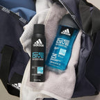 Refect Beauty Adidas Ice Dive shower gel and body spray set with a grey towel inside a blue sports gym bag