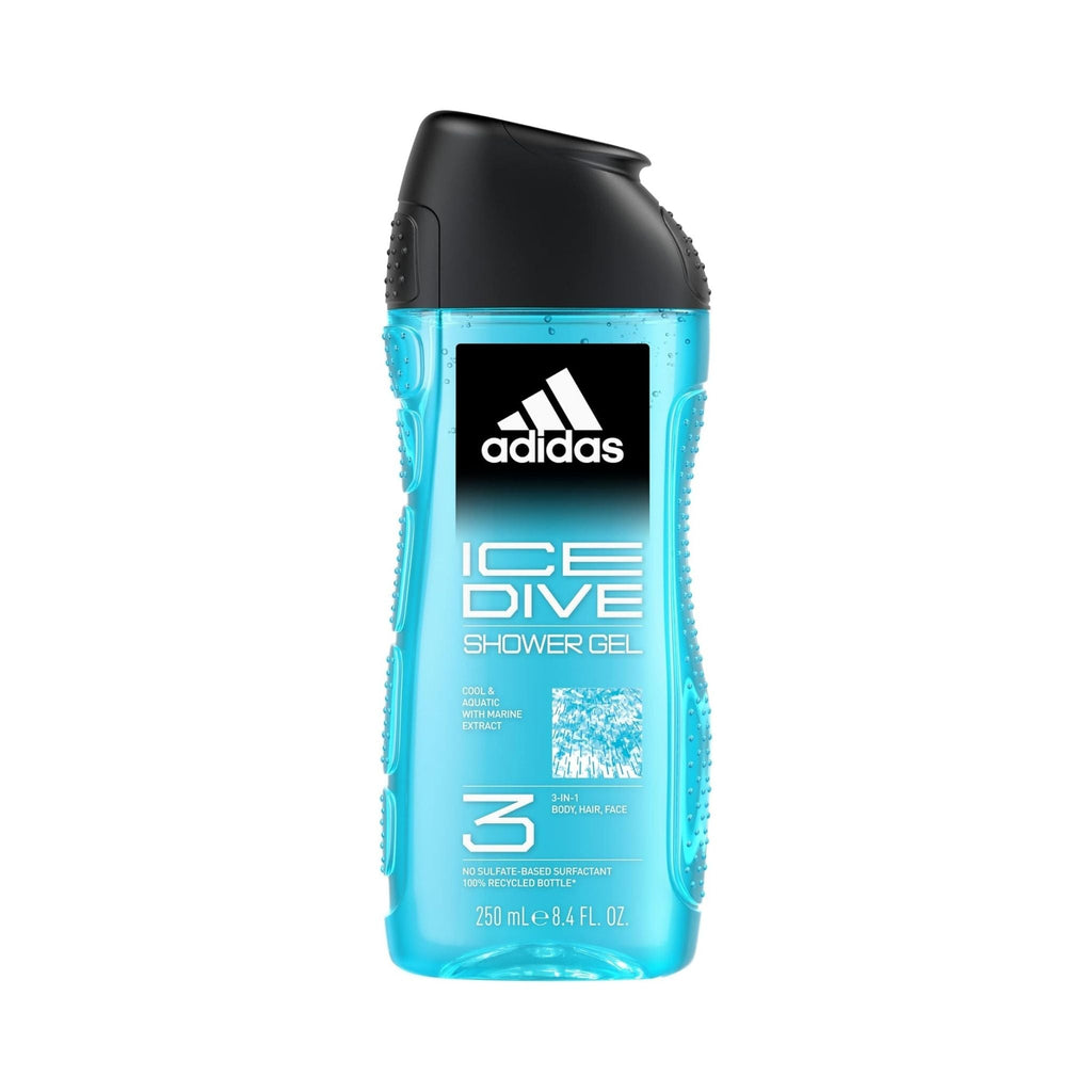 Refect Beauty Adidas Ice Dive 3-in-1 shower gel in a blue translucent bottle with a black flip-top cap.