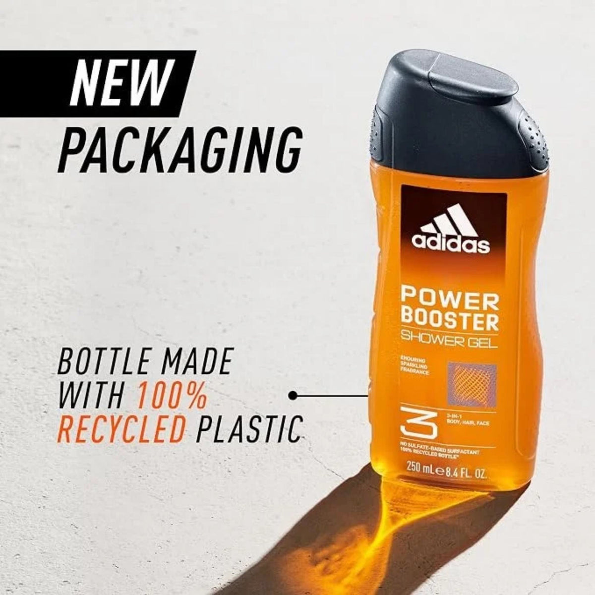 Refect Beauty Adidas Power Booster 3-in-1 shower gel in an orange bottle made from 100% recycled plastic