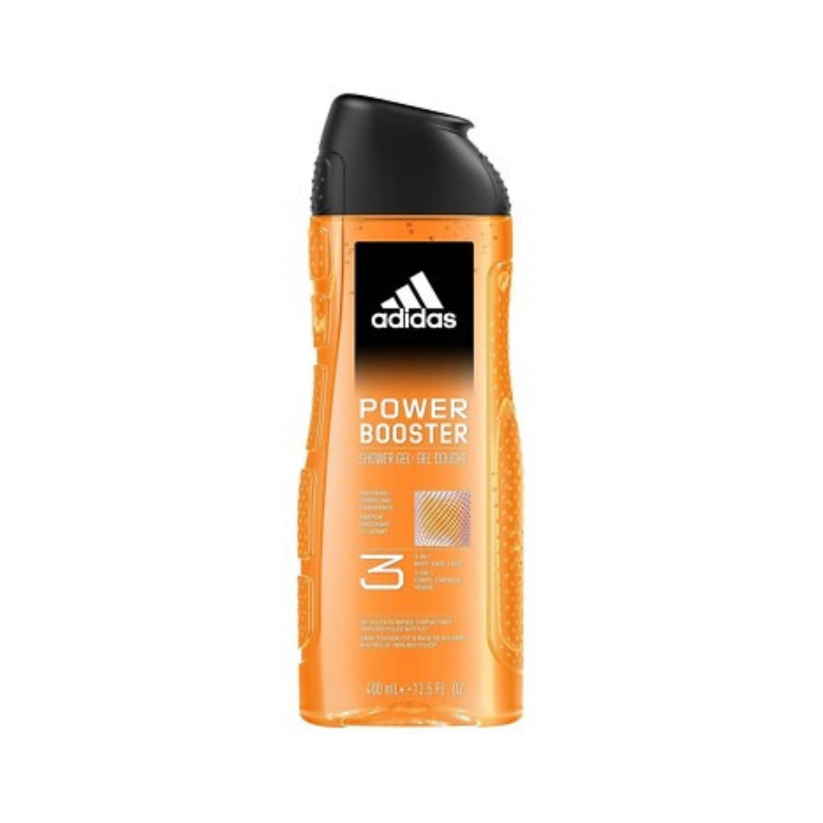 Refect Beauty Adidas Power Booster 3-in-1 shower gel in an orange bottle for face, body, and hair cleansing.