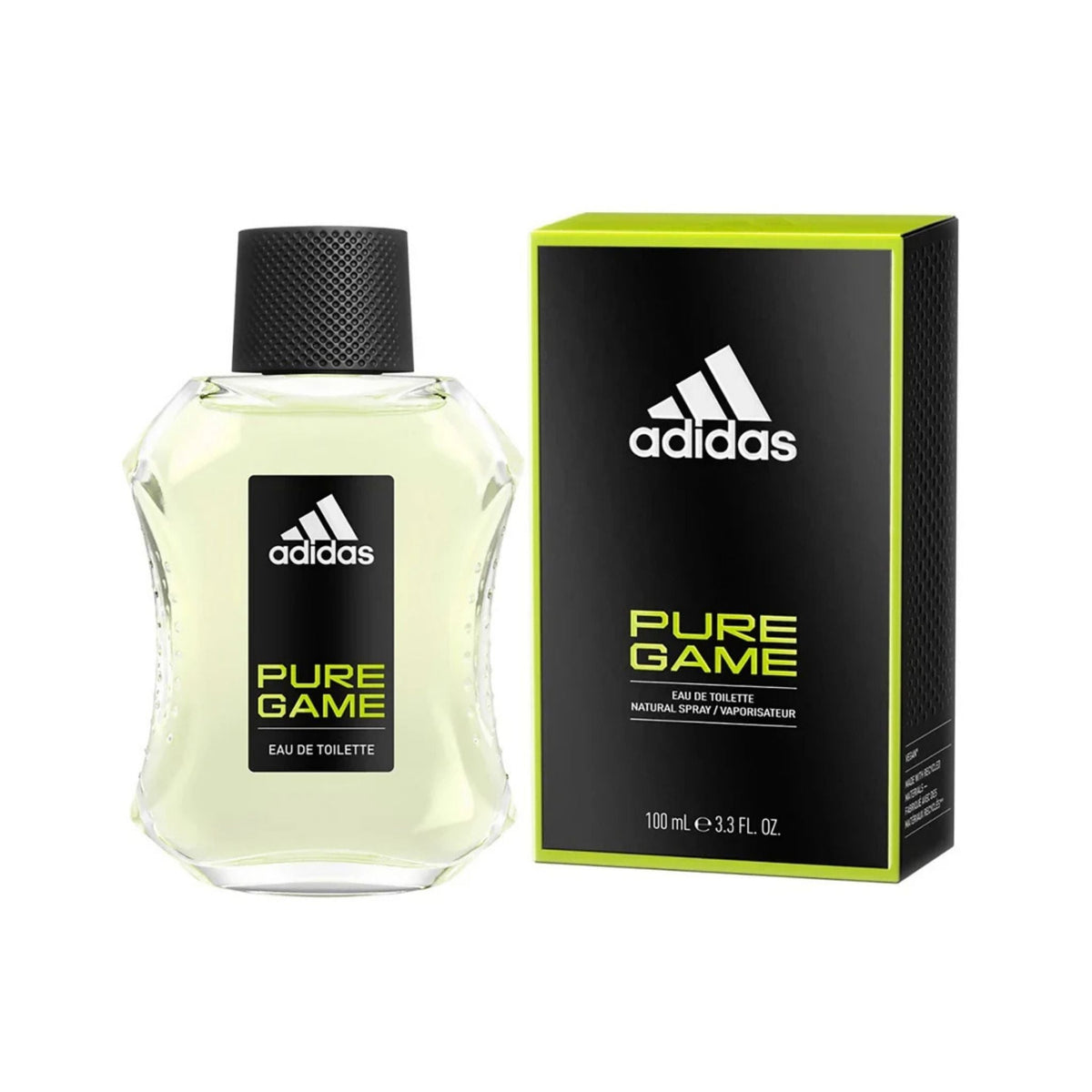 Refect Beauty Adidas Pure Game Eau de Toilette fragrance bottle and black and lime green packaging box