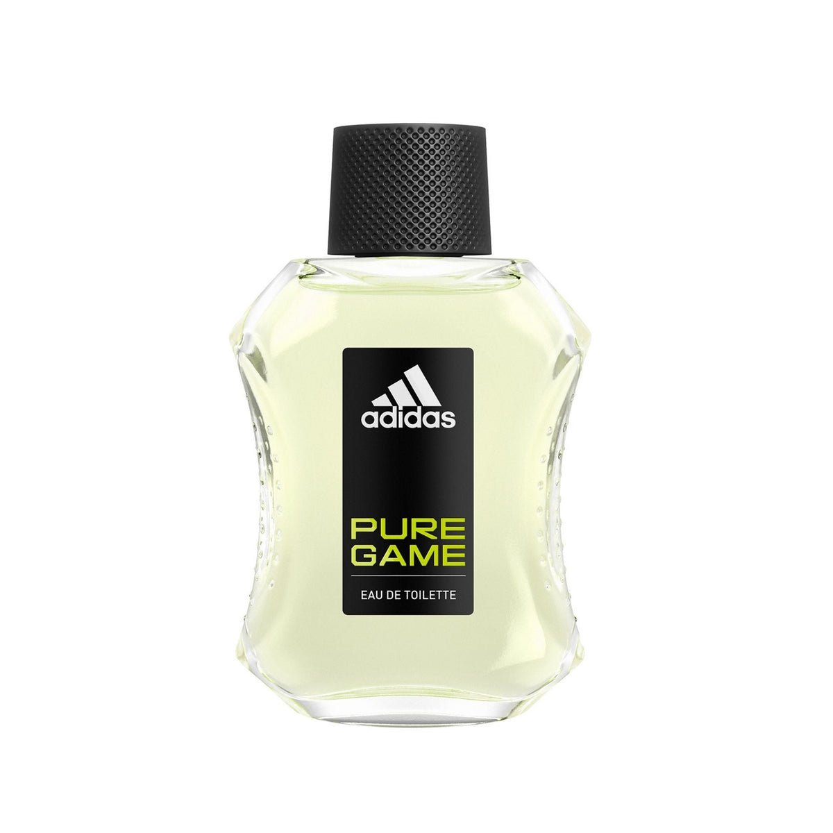 Refect Beauty Adidas Pure Game Eau de Toilette in a clear glass bottle with a black cap and lime green fragrance.
