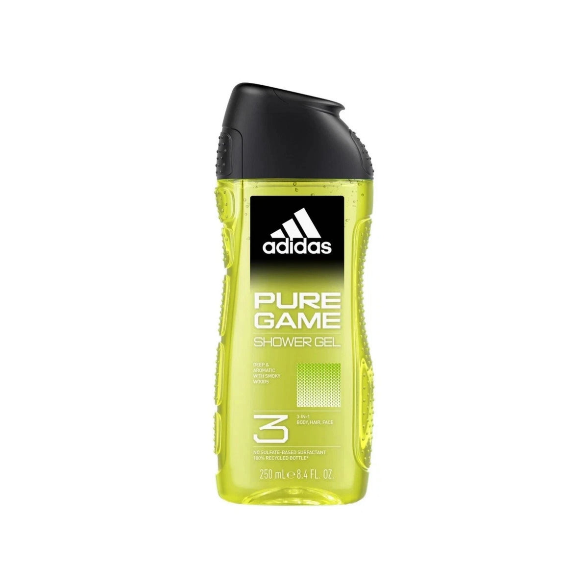 Refect Beauty Adidas Pure Game 3-in-1 shower gel in a lime green bottle with a black cap for body, hair, and face.