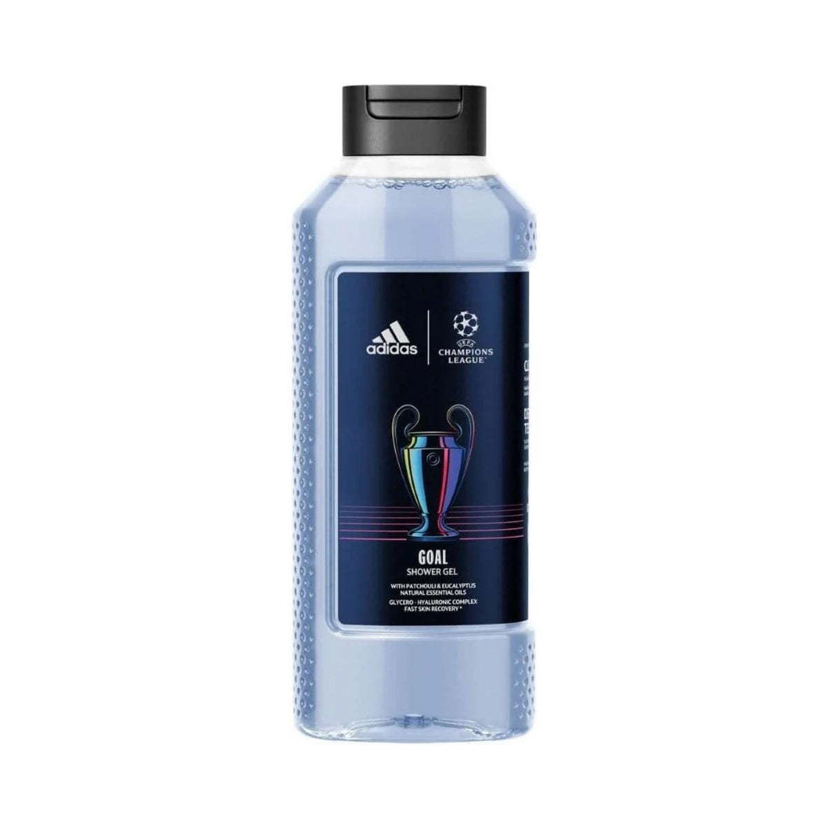 Refect Beauty Adidas UEFA Champions League Star Edition 3-in-1 shower gel bottle with blue liquid and trophy graphic