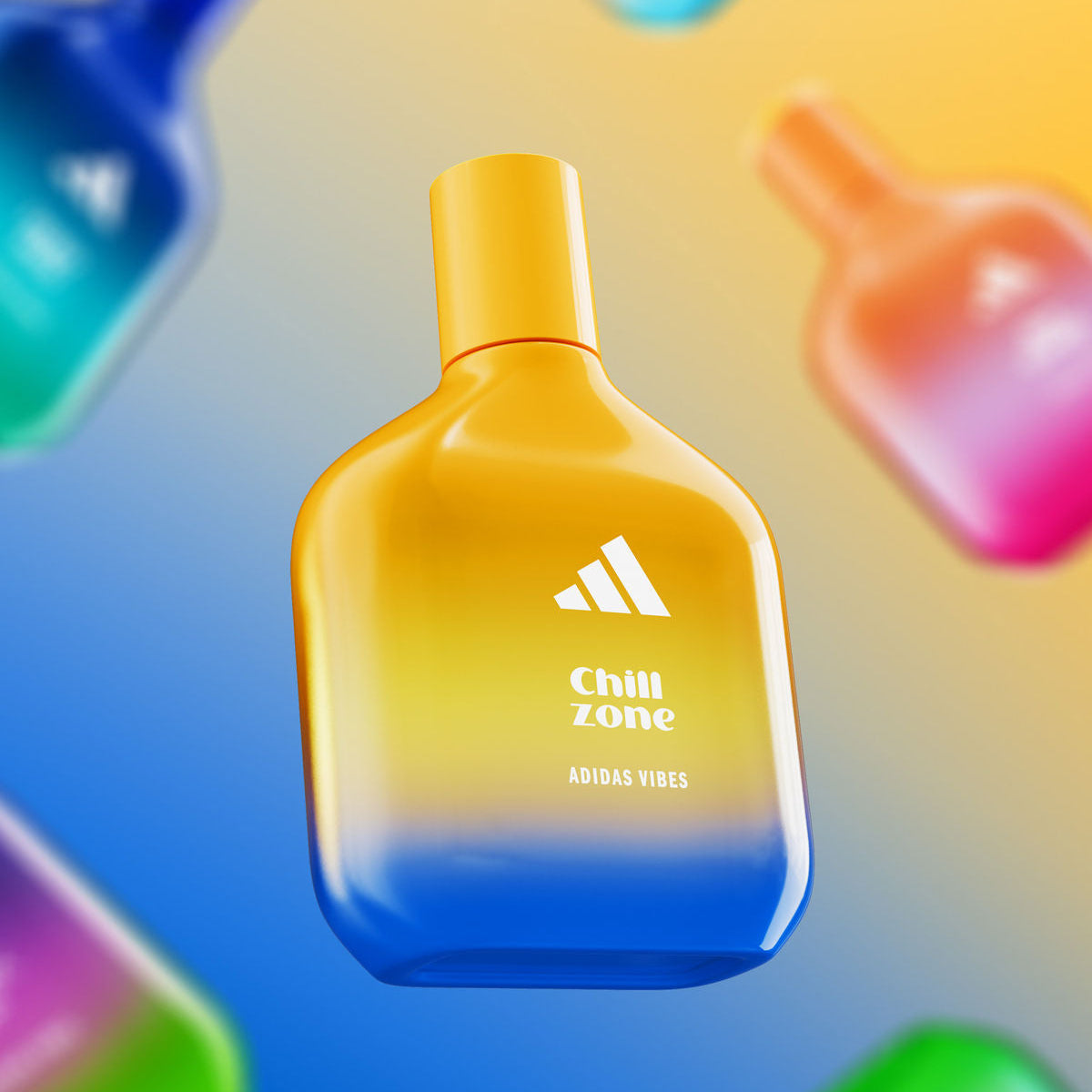 Refect Beauty Adidas Vibes Chill Zone unisex eau de parfum in a yellow and blue gradient glass bottle