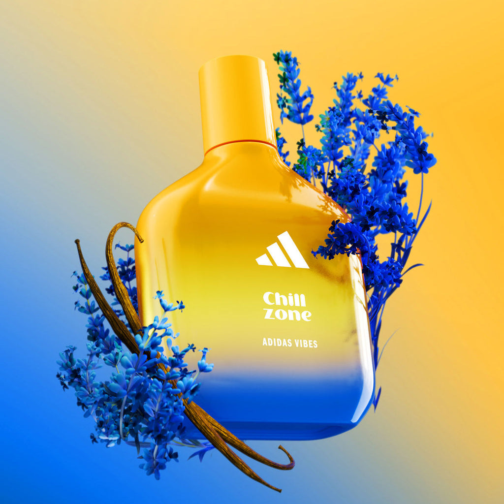 Refect Beauty Adidas Vibes Chill Zone unisex eau de parfum bottle with lavender and vanilla on a yellow-blue background