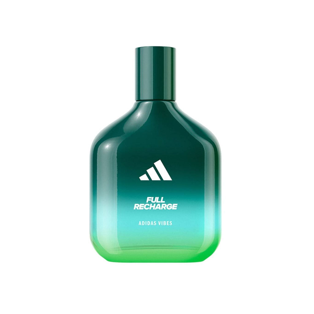 Refect Beauty Adidas Vibes Full Recharge eau de parfum in a green gradient glass bottle with white logo branding.