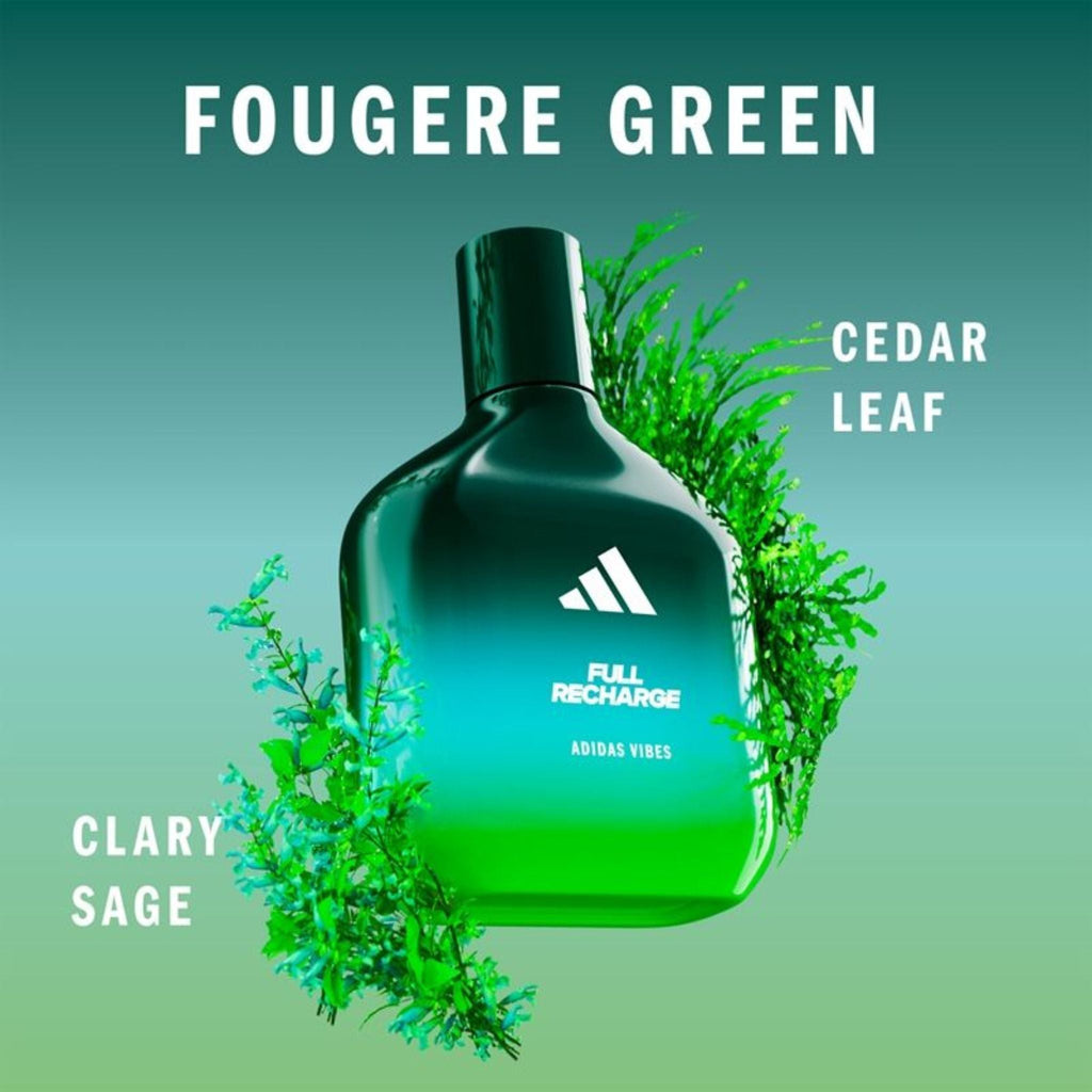 Refect Beauty Adidas Vibes Full Recharge unisex perfume bottle with green gradient glass and aromatic botanical accents.