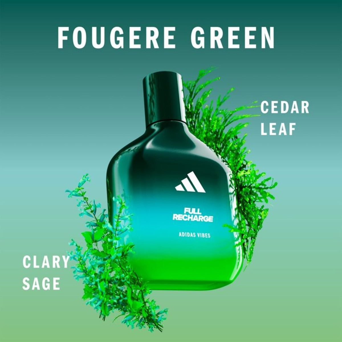 Refect Beauty Adidas Vibes Full Recharge unisex perfume bottle with green gradient glass and aromatic botanical accents.