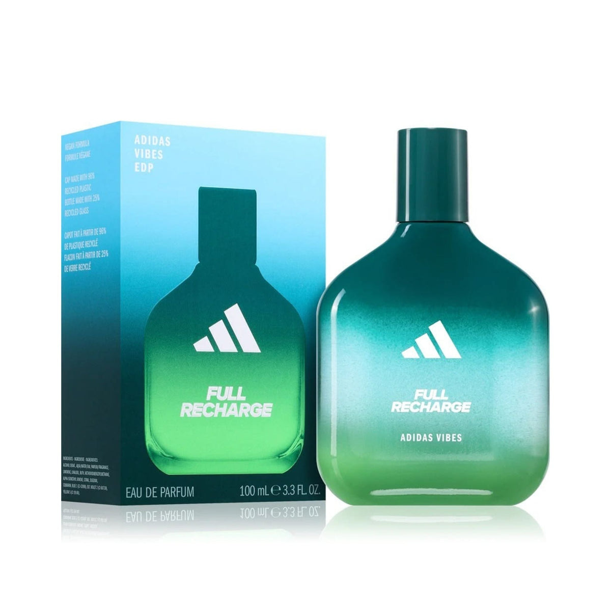 Refect Beauty Adidas Vibes Full Recharge Eau de Parfum in a green ombre glass bottle with matching box packaging. Main image