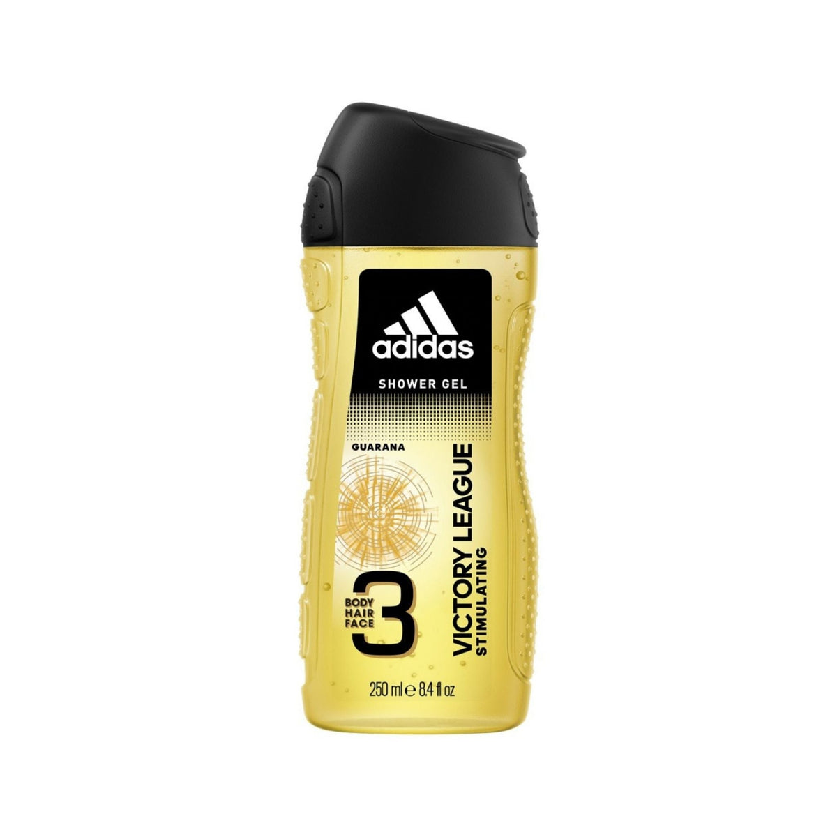 Refect Beauty Adidas Victory League shower gel in a yellow 250ml bottle with a black cap for body, hair, and face. Main image