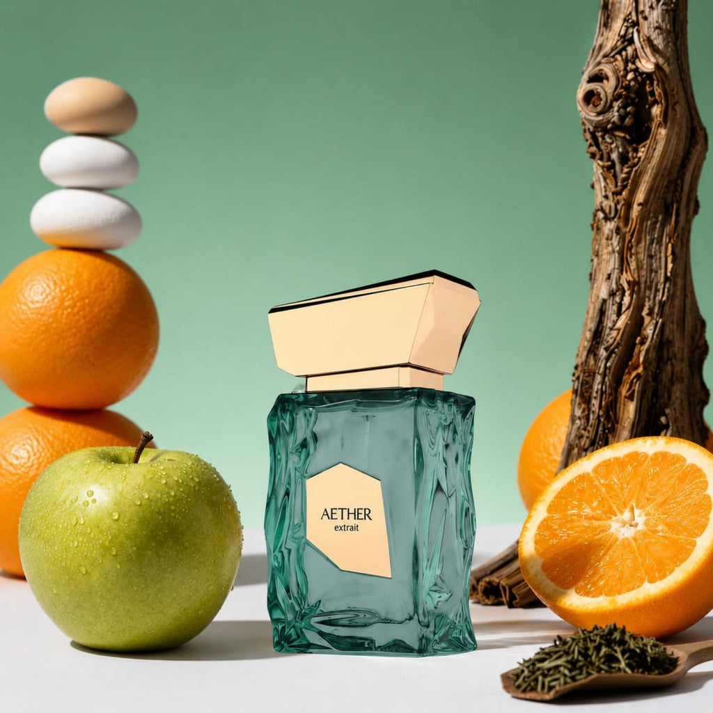 Refect Beauty French Avenue Aether Extrait de Parfum bottle with green glass, gold cap, and fresh fruit accents.