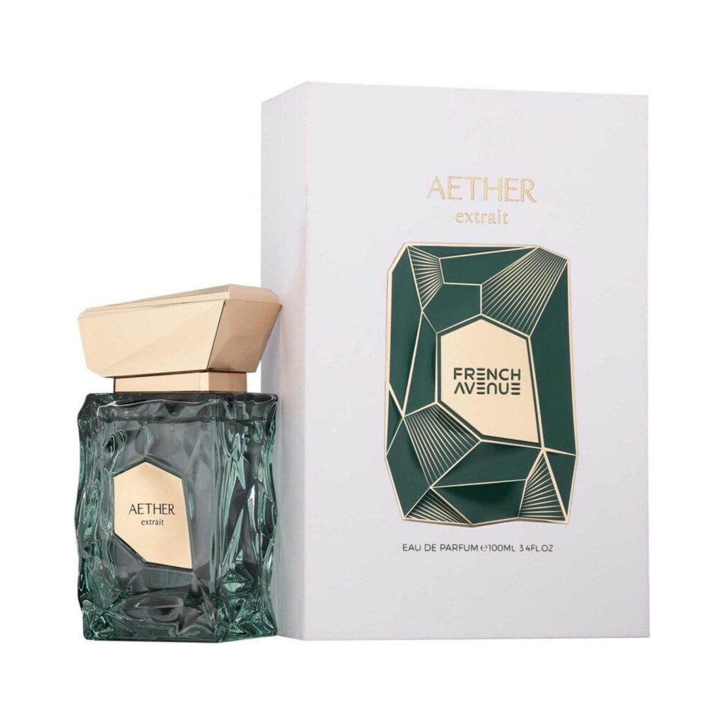 Refect Beauty French Avenue Aether extrait de parfum bottle with geometric green glass and gold cap next to its box