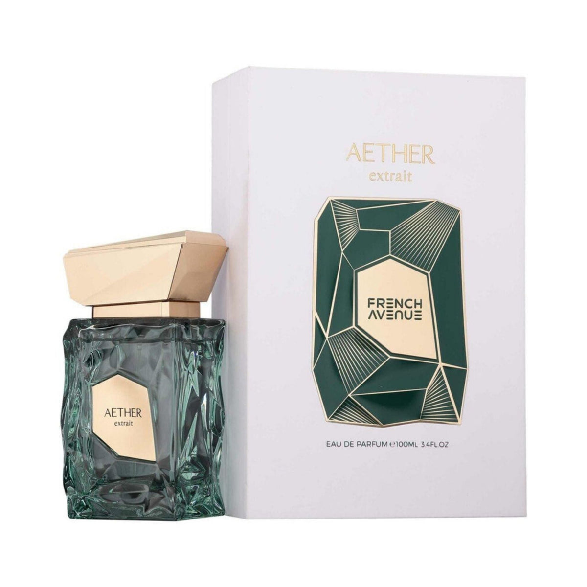 Refect Beauty French Avenue Aether extrait de parfum bottle with geometric green glass and gold cap next to its box