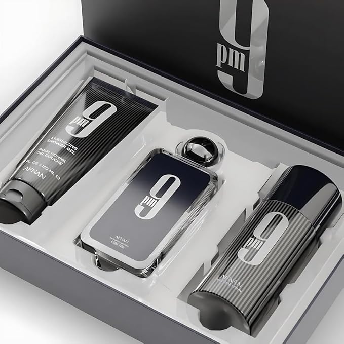 Refect Beauty Afnan 9 PM gift set featuring a 100ml Eau de Parfum, 150ml shower gel, and 150ml deodorant spray.