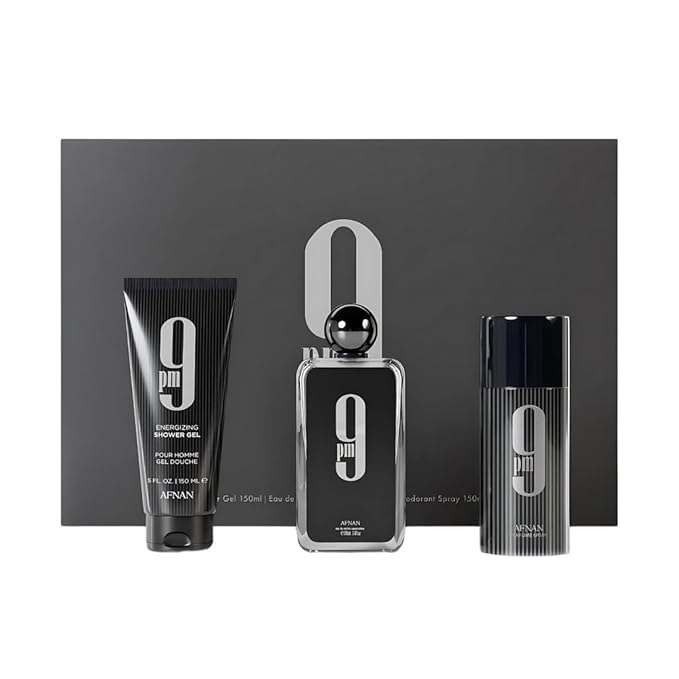 Refect Beauty Afnan 9 PM gift set featuring a 100ml Eau de Parfum, 150ml shower gel, and 150ml deodorant spray.