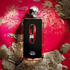 Refect Beauty Afnan 9 PM Eau de Parfum bottle on a vibrant red textured background with gold metallic accents