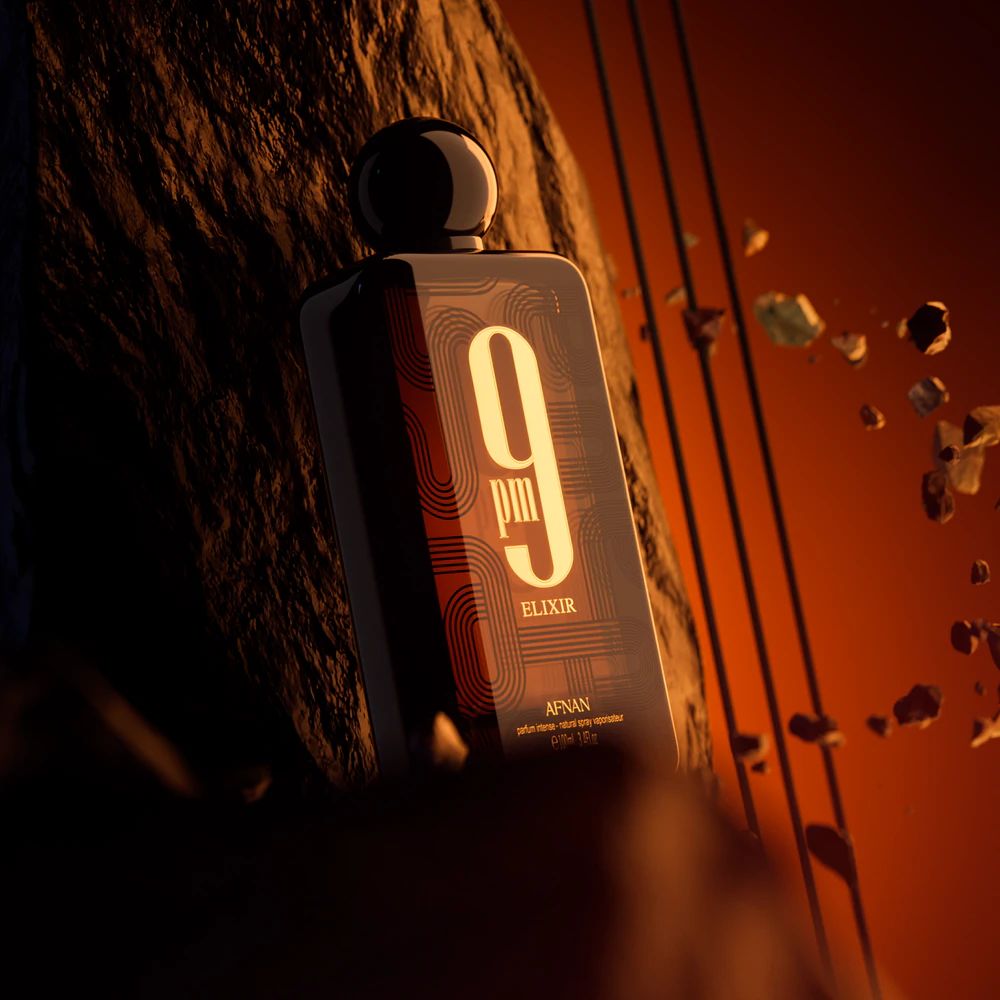 Refect Beauty Afnan 9PM Elixir extrait de parfum bottle featuring a dark, spicy, and amber scent design.