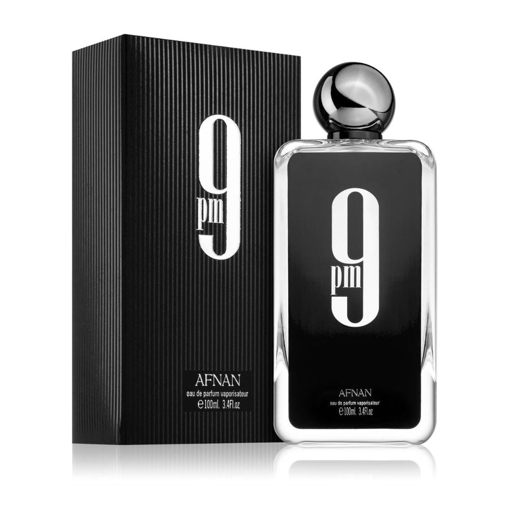 Refect Beauty Afnan 9PM Eau de Parfum for men in a sleek black and silver bottle with matching textured box