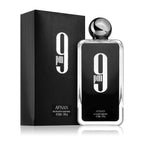 Refect Beauty Afnan 9PM Eau de Parfum for men in a sleek black and silver bottle with matching textured box