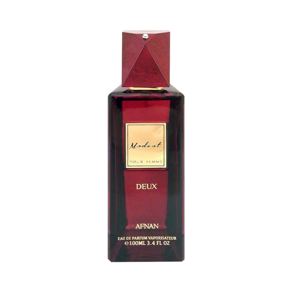 Refect Beauty Afnan Modest Deux Femme Eau de Parfum in a deep red rectangular glass bottle with a pyramid cap