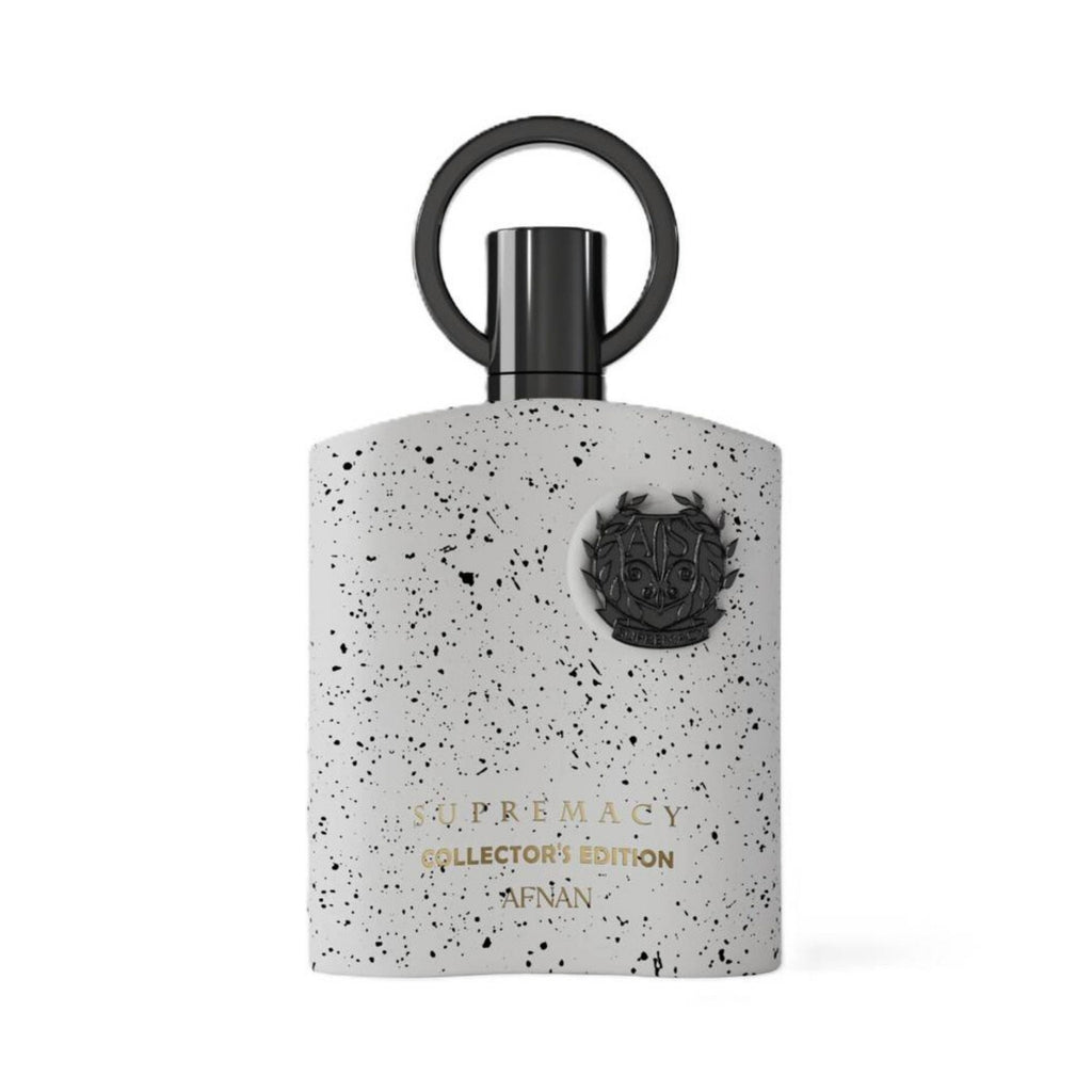 Refect Beauty Afnan Supremacy Collector's Edition Eau de Parfum in a white speckled bottle with a black ring cap.