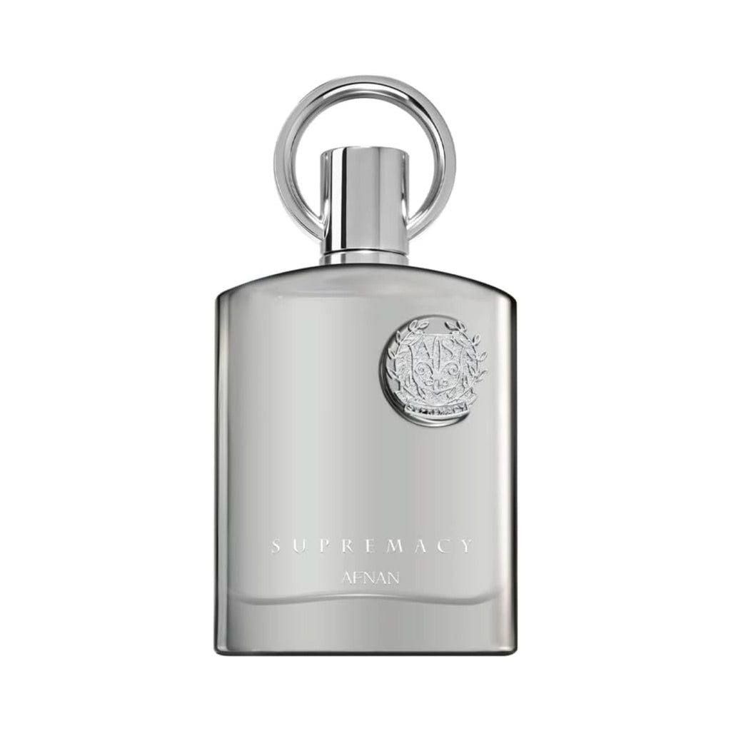 Refect Beauty Afnan Supremacy Silver Eau de Parfum in a sleek metallic silver bottle with a circular ring cap.