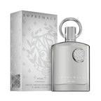 Refect Beauty Afnan Supremacy Silver Pour Homme Eau de Parfum bottle and silver textured box with elegant crest design.