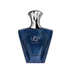 Refect Beauty Afnan Turathi Blue Eau de Parfum in a deep blue geometric glass bottle with a silver metallic cap.