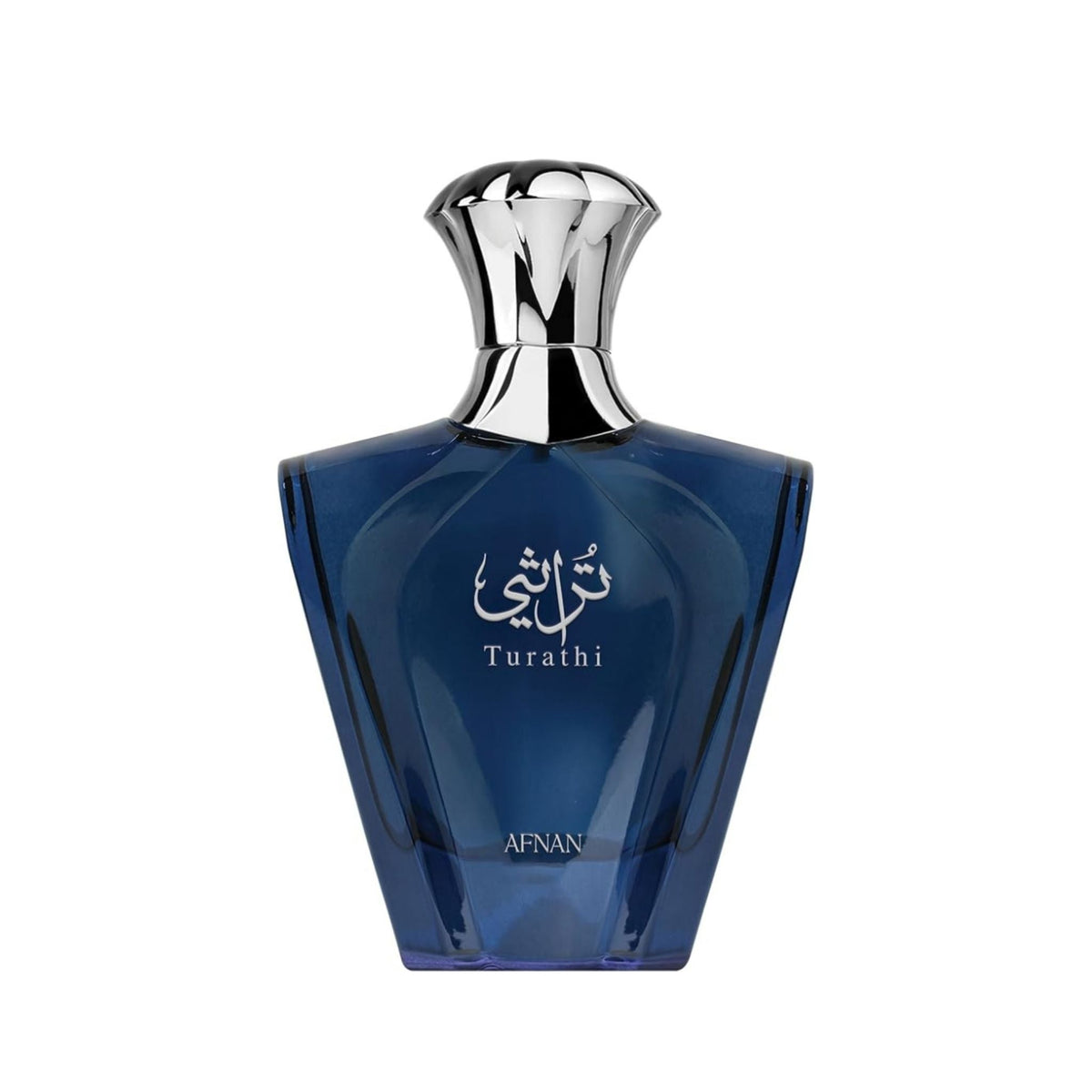 Refect Beauty Afnan Turathi Blue Eau de Parfum in a deep blue geometric glass bottle with a silver metallic cap.