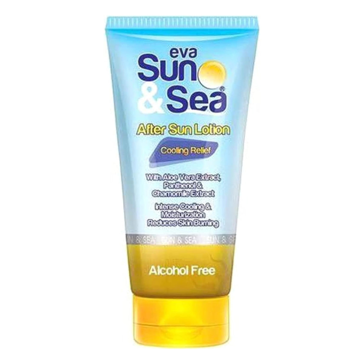 Refect Beauty Eva Sun & Sea After Sun Lotion in a blue and yellow squeeze tube for soothing sun-exposed skin.
