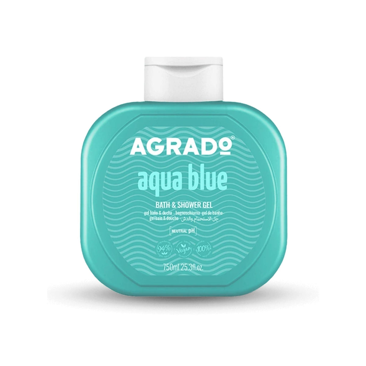 Refect Beauty Agrado Aqua Blue shower gel in a 750ml turquoise bottle with a pH-balanced, vegan formula.