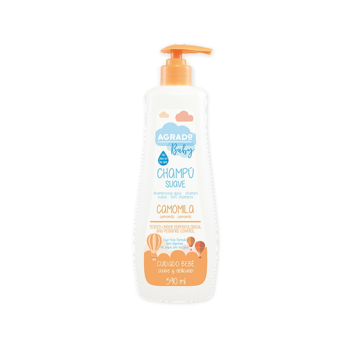 Refect Beauty Agrado Baby Mild Chamomile Shampoo in a 590ml bottle with an orange pump dispenser Main image