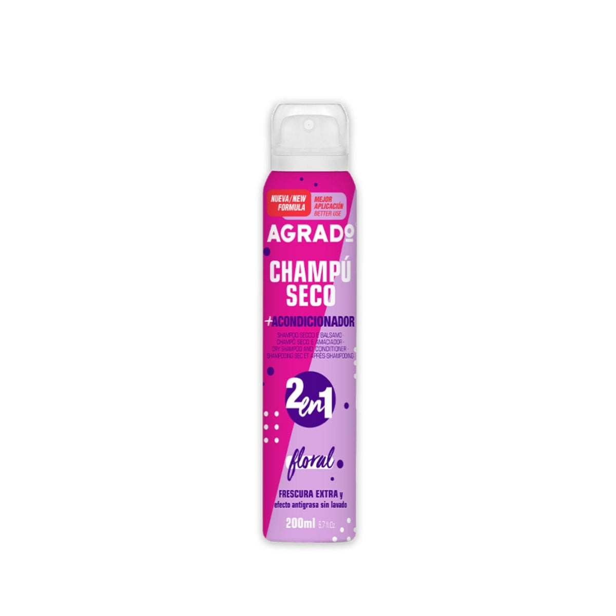 Refect Beauty Agrado 2-in-1 floral dry shampoo and conditioner spray in a pink and purple 200ml aerosol can