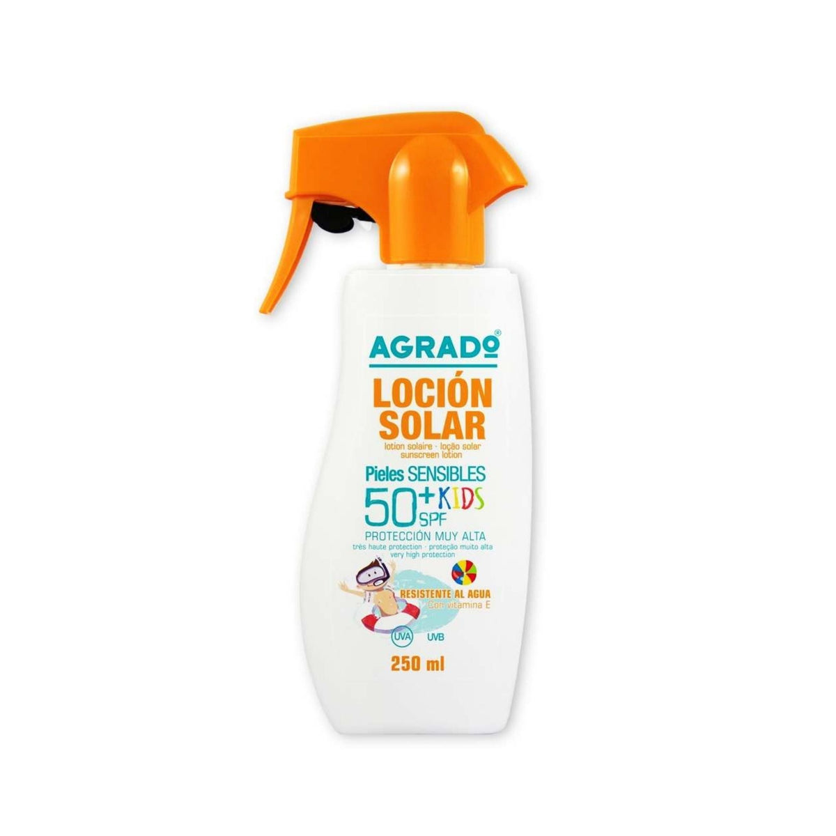 Refect Beauty Agrado Children's SPF50 sunscreen lotion in a white bottle with an orange spray trigger nozzle. Main image