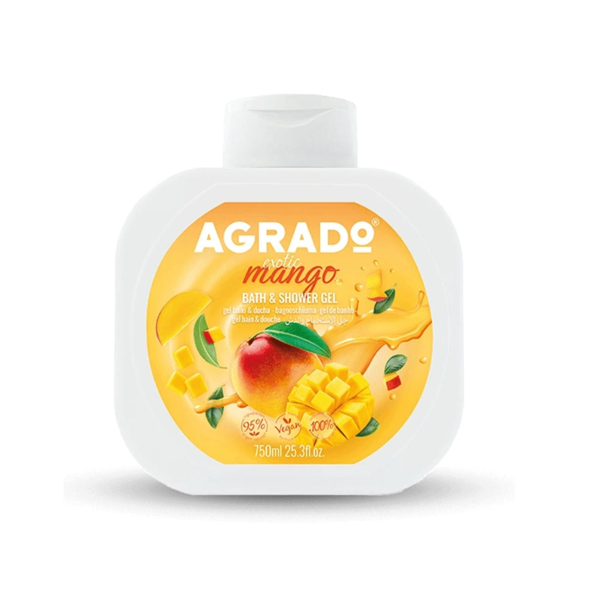 Refect Beauty Agrado Exotic Mango bath and shower gel in a 750ml white bottle with vibrant mango fruit illustrations.