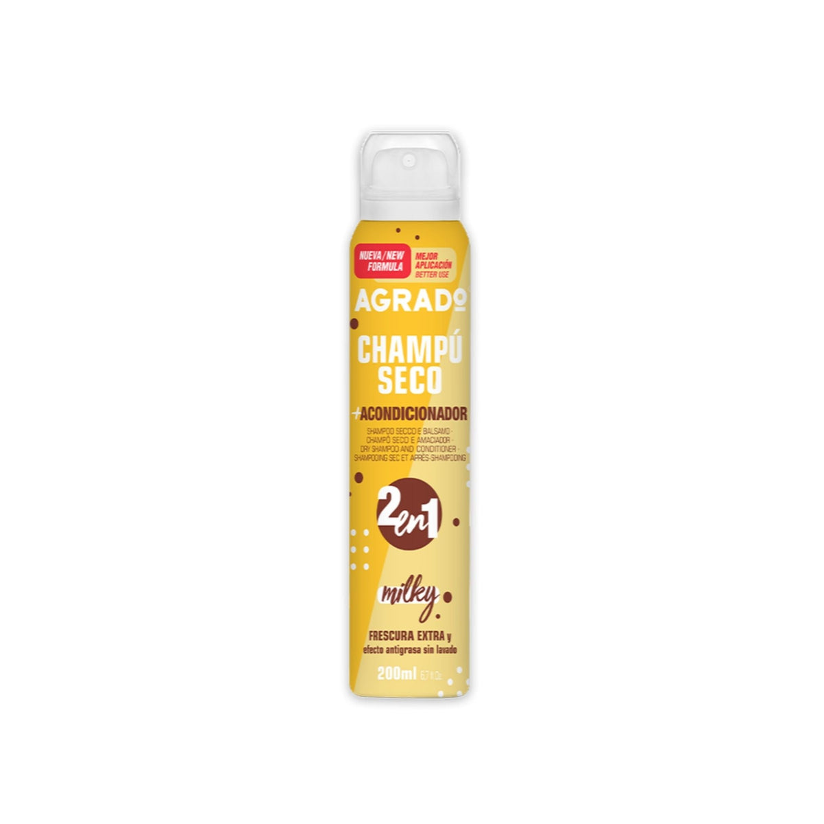 Refect Beauty Agrado Milky 2-in-1 dry shampoo and conditioner spray bottle in yellow packaging
