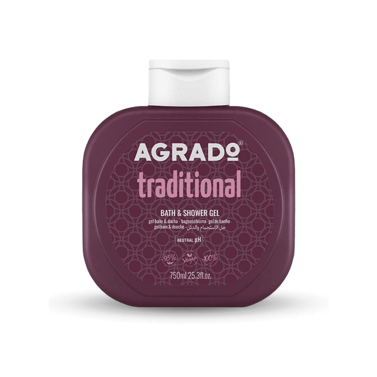 Refect Beauty Agrado Traditional neutral pH bath and shower gel in a 750ml dark purple bottle for daily skin care.