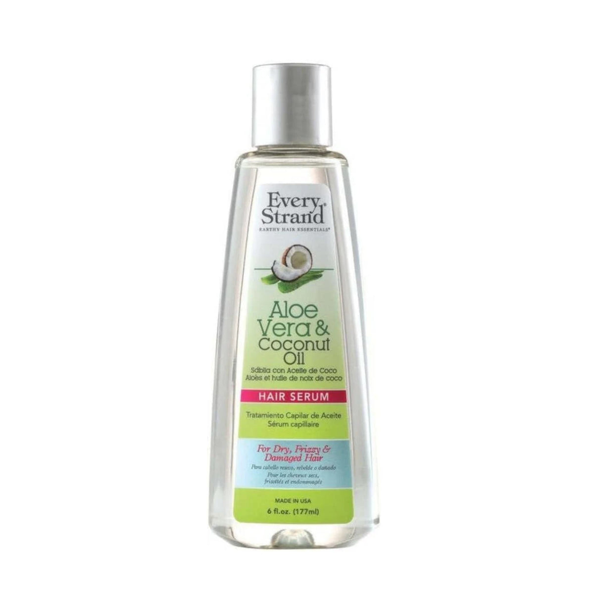 Refect Beauty Every Strand Aloe Vera and Coconut Oil hair serum in a clear 6 fl oz bottle for dry and frizzy hair.