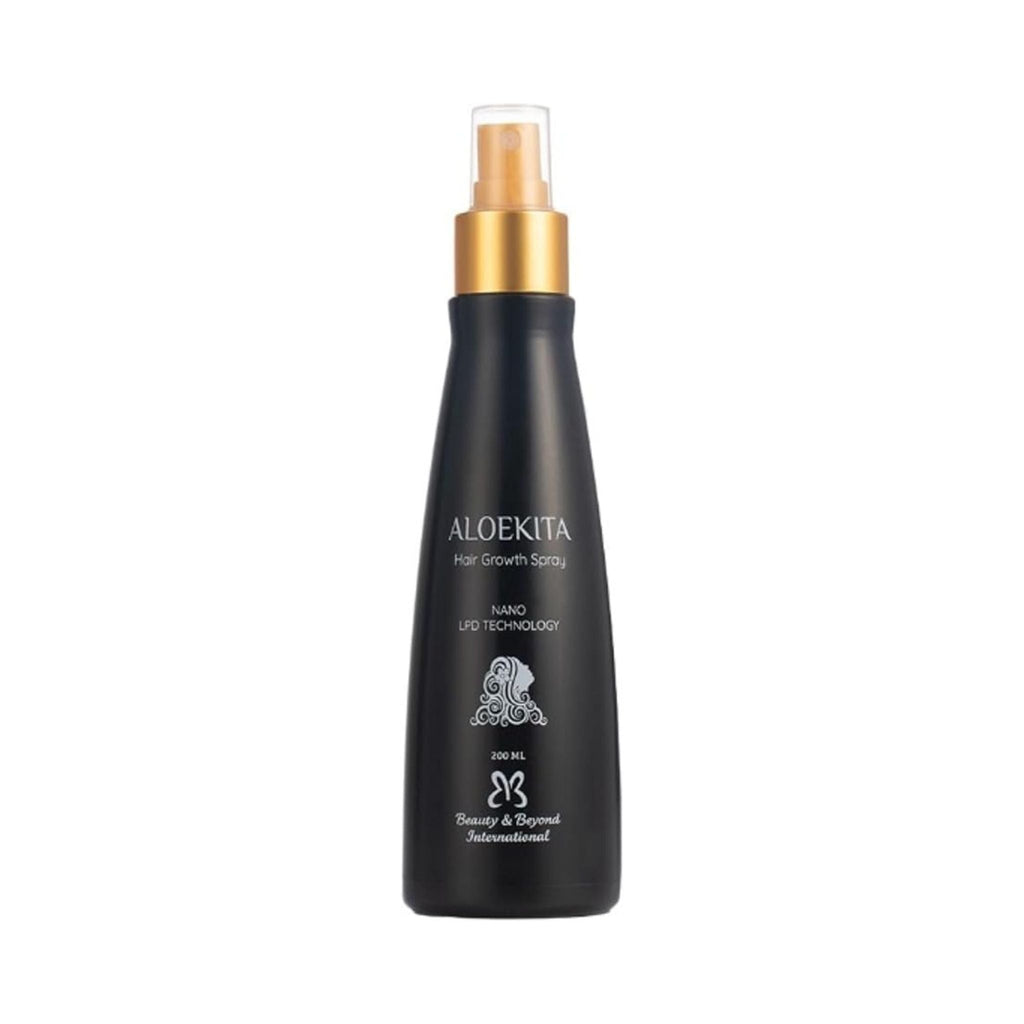 Refect Beauty Aloekita hair growth spray in a black 200ml bottle with a gold pump nozzle for scalp treatment.